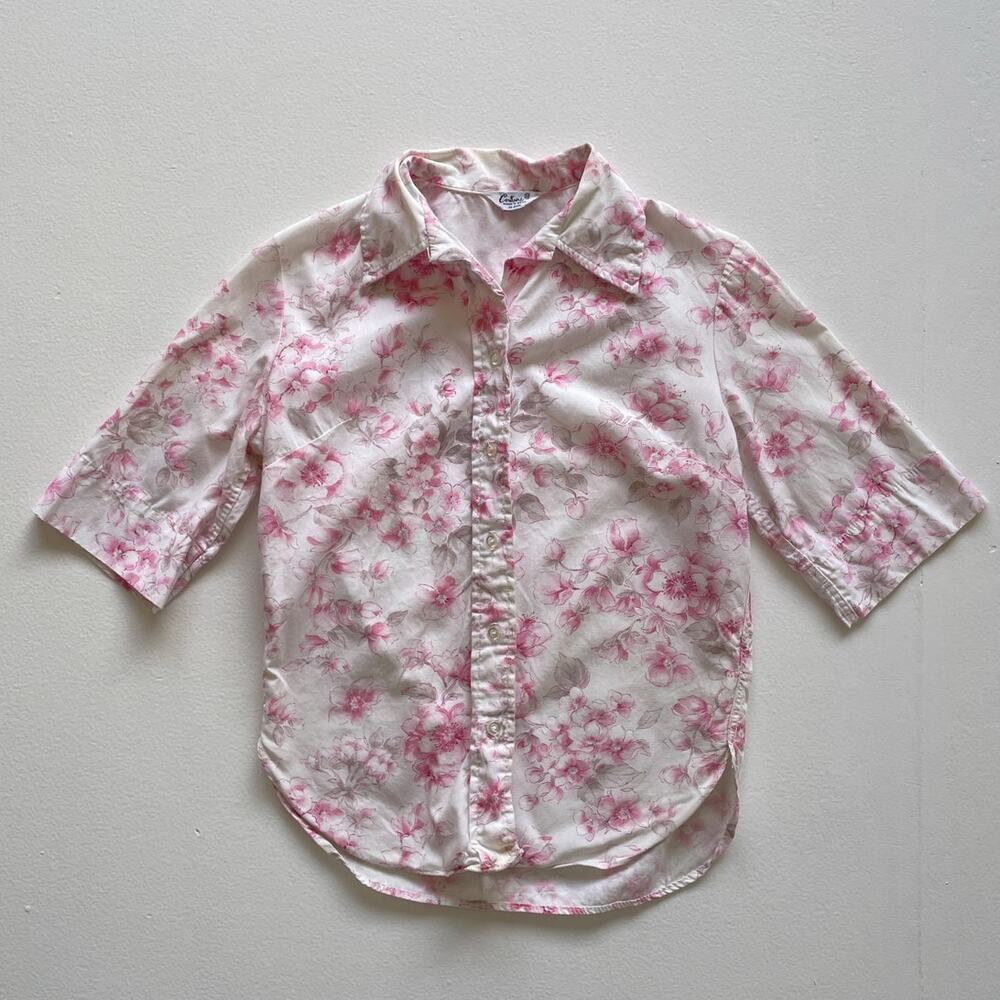 Vtg 60s Couture Wash N Wear Pink Floral Collared Button Up Blouse 32 Cottagecore